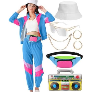 Imagem de VillbeCoser Conjunto de acessórios de fantasia de agasalho feminino dos anos 80 e 90, jaqueta corta-vento em bloco de cores, pochete neon, Azul, GG