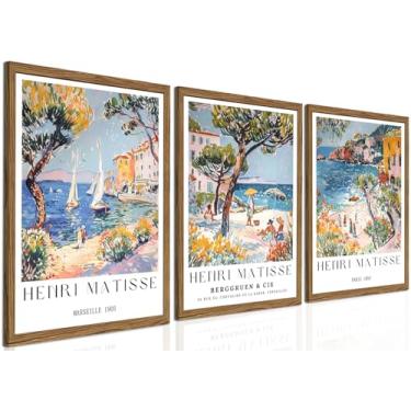 Imagem de Henri Matisse Conjunto emoldurado de arte de parede com 3 pinturas de decoração de parede da Costa Amalfitana, vintage, abstrato, praia, viagem, impressão em tela, imagens estéticas para quarto, sala