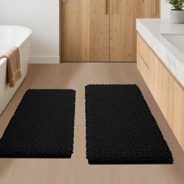 Imagem de ACCUMTEK Tapete de banheiro preto de 2 peças Upgrade Luxury 81.3 cm x 50.8 cm + 61.0 cm x 43.2 cm, tapetes de banho ultra macios e espessos, tapete de banheiro de chenille antiderrapante para banheiro