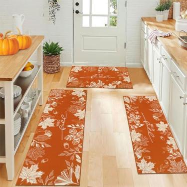 Imagem de U'Artlines Tapetes de cozinha com folhas de outono, conjuntos de 3 peças, para fazenda, colheita sazonal, festas, festas, antiderrapantes, laváveis, tapetes para cozinha, decoração de lavanderia