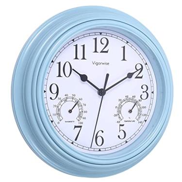 Imagem de Vigorwise Relógio de parede, movimento silencioso de varredura relógios precisos com temperatura e umidade, decorativo para cozinha/sala de estar/quarto/escritório/escola/sala de aula (azul, 23 cm)