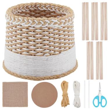 Imagem de FREEBLOSS Kit de cesta de tecido, kit de cesta de papelão redondo, kit de cestas de macramê para iniciantes, materiais de tecelagem de macramê, arte criativa de tricô à mão (amarelo e branco)