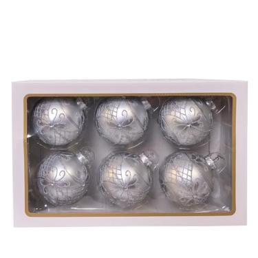 Imagem de Kurt Adler Enfeites de bola decorativa de vidro prata de 80 mm, caixa de 6 peças