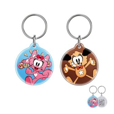 Imagem de 2 etiquetas de identificação de animais de estimação com código QR para cães e gatos – design de personagem PawView à prova d'água, etiquetas inteligentes personalizadas com perfil modificável e