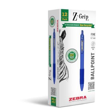 Imagem de Zebra Pen Canetas esferográficas retráteis recicladas Z-Grip, 0,7 mm, tinta azul, clipe de metal durável, 68% recicladas, pacote com 12 (20720)