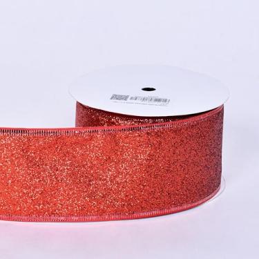 Imagem de YAMA Fita com glitter vermelho para árvore de Natal 6,3 cm x 10 metros, fita metálica brilhante de Natal com fio para embrulho de presente, festa de casamento, laços de artesanato DIY e buquê de