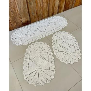 Imagem de Kit Tapete e Passadeira Cozinha Oval 3 Peças Losango Crochê Artesanal (Cru)