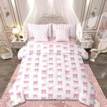 Imagem de Jogo de cama solteiro com estampa de laço fofo, 7 peças, estampa de laço, rosa, para quarto de crianças, meninos e adolescentes, conjunto de lençol kawaii estilo princesa com edredom fofo para
