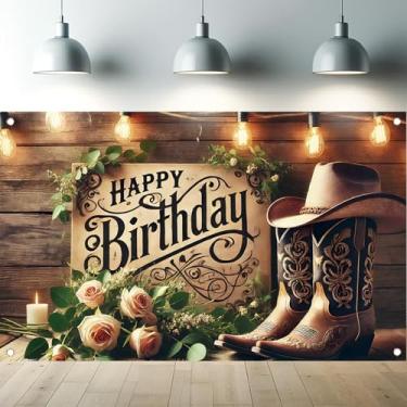 Imagem de Saoplasa Chapéu de cowboy rústico com fundo de feliz aniversário ocidental, faixa com madeira de rosas para decoração de festa de 180 x 109 cm, fundo de casa de fazenda para decoração de parede