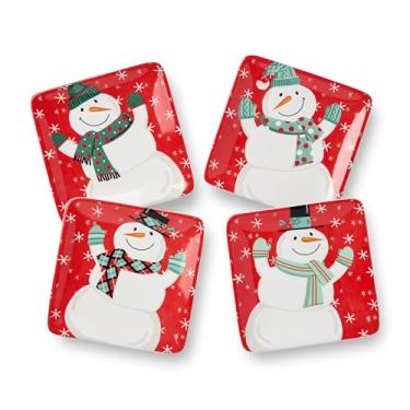 Imagem de Conjunto de 4 pratos de boneco de neve de Natal – Pratos quadrados de cerâmica de 15 cm com bonecos de neve variados em trajes de inverno – Pronto para festas de fim de ano – Seguro para micro-ondas e
