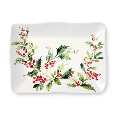 Imagem de Bandeja retangular de Natal Holly and Vines – Bandeja de servir de Natal com arte de azevinho e frutas silvestres projetadas por artistas, utensílios de mesa elegantes de inverno para jantares de