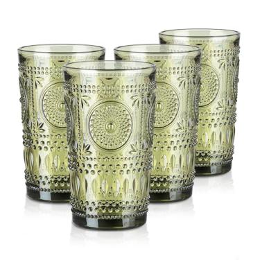 Imagem de Joeyan Copos de beber vintage verdes, em relevo, boêmio, girassol, highball, copo de água, 400 ml, vidro com contas coloridas para bebidas, suco, uísque, coquetel, cerveja, vinho, leite de 4, pode ser