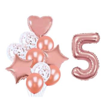 Imagem de Buque 10 Balões  Coração Estrela e 1 Número Metalizado Rose Gold 70cm 