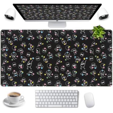 Imagem de Tapete de mesa fofo preto anime sprite gaming mouse pad XXL grande estendido kawaii laptop teclado mouse pad com bordas costuradas, tapete de mesa de computador antiderrapante para mulheres decoração