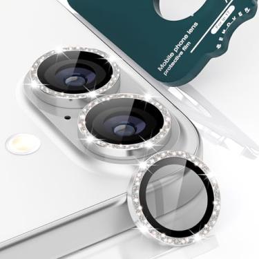 Imagem de imluckies Glitter Protetor de lente de câmara para 17 de 6,3", AR+AF Cobertura de lente de vidro temperado transparente HD, dureza 9H, anel único de metal brilhante, prata brilhante