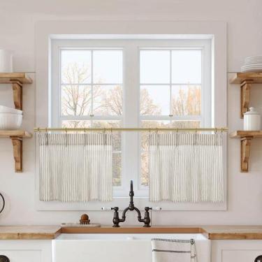 Imagem de Conjunto de cortinas Lino Rosa Farmhouse Boho 45cm, 2 peças para janel