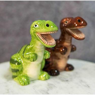 Imagem de Conjunto de estátua de saleiro e pimenteiro de cerâmica T-Rex de dinossauros verdes e marrons Ebros Era Jurássica Pré-histórica Trex Tiranossauro Rex Decoração Estátua Cozinha e Jantar