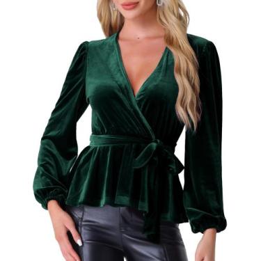 Imagem de Blusa Allegra K, veludo, gravata, cintura, decote em V, blusa peplum