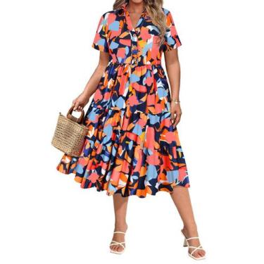 Imagem de Vestido CARCOS Plus Size com decote em V, manga curta, floral, azul, l