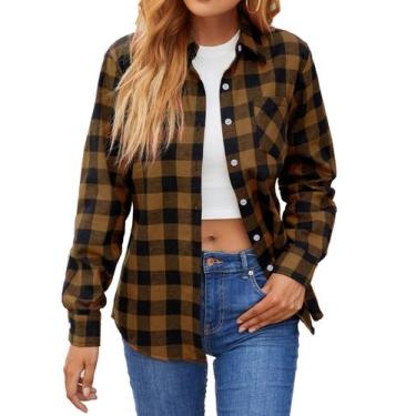 Imagem de Camisa de flanela SANGTREE feminina de manga comprida xadrez marrom pr