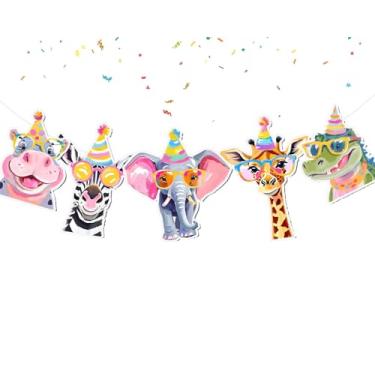 Imagem de Faixa de festa de animais da selva – guirlanda de cartolina safári com animais fofos em chapéus de festa – Decorações de chá de bebê de aniversário selvagem para tema de selva ou zoológico