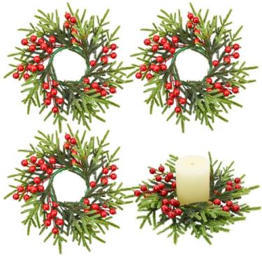 Imagem de Bacucine 4 peças de anéis de vela de Natal, decorações de Natal com bagas vermelhas e pinheiro, guirlanda de vela para mesa de casamento, decoração de casa