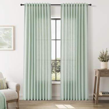 Imagem de Cortinas de linho verde-aqua 213 cm, aba traseira longa para sala de estar, 2 painéis, conjunto moderno de casa de fazenda, cortinas de linho, semitransparentes, filtragem de luz, privacidade
