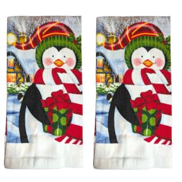 Imagem de Conjunto de 2 toalhas de cozinha de Natal, 38 x 63 cm, toalhas de mão para decoração de Natal pinguim