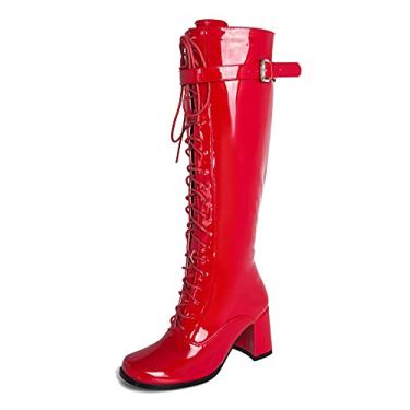 Imagem de LIURUIJIA Botas femininas Gogo com cadarço e salto alto e zíper lateral, Vermelho, 40