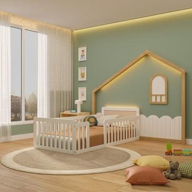 Imagem de Cama Montessoriana Solteiro Giulia Rattan com Moldura LED New Garden Casatema Branco/Natural
