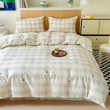 Imagem de BlueBlue Conjunto de capa de edredom infantil, conjunto de cama 100% algodão, estampa de desenho animado, 1 capa de edredom e 2 fronhas (xadrez cereja, solteiro (168 x 86 pol.)