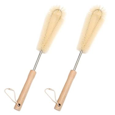 Imagem de UPTALY 2 escovas de garrafa de nylon extralongas de 38 cm, cabo de madeira de faia, com poste de aço inoxidável, cabeça de cotovelo, para garrafa, vasos, jarra de água, copo, pote, copo