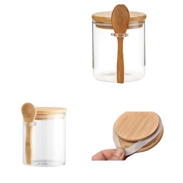 Imagem de Pote Vidro Redondo Com Colher E Tampa de Bambu Hermetica 440 Ml Transparente