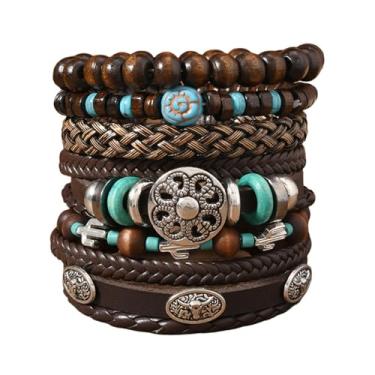 Imagem de Dreuyet Pulseiras ocidentais para mulheres e homens, vintage, boêmia, empilhável, turquesa, miçangas, pulseira elástica rústica com pingente de cabeça de vaca, joia de caubói country, Adjustable