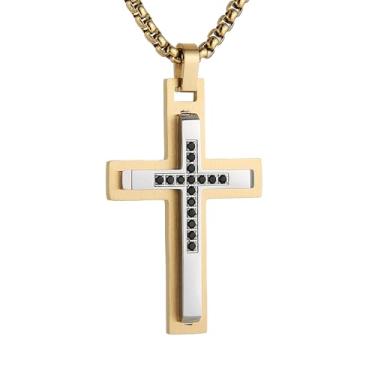 Imagem de HZMAN Colar masculino com cruz de aço inoxidável altamente polido zircônia cúbica pingente joia cristã presente com corrente cubana de 61 cm, Aço inoxidável, Sem Pedra Preciosa