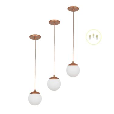 Imagem de Kit 3 Pendentes Jabuticaba Cobre Bola Globo De Vidro + Led V