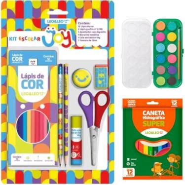 Imagem de Kit Escolar Volta As Aulas Completo Com Lápis Apontador Tesoura Caneta Hidrográfica e Aquarela Smille