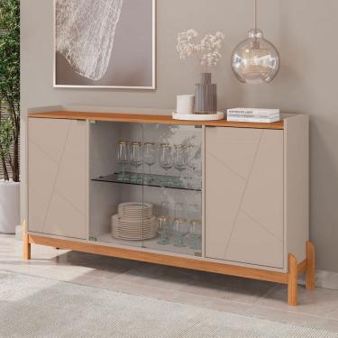 Imagem de Balcão Buffet Jim 4 Portas 3 Prateleiras com Vidro Off White/Cedro - Pnr Móveis