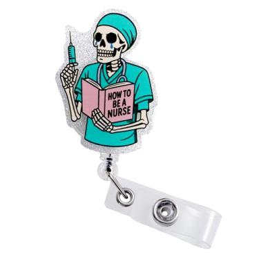 Imagem de Caveira Carretel Crachá para Enfermeira, Carretéis de Crachá Retráteis Engraçados Porta-Cartão Identificação Acrílico com Clipe Jacaré para Enfermeira Equipe Enfermagem Professor Estudante