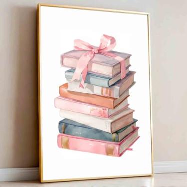 Imagem de Vlolvfe Book Lover Canvas Wall Art Trendy Colorful Book Stack Poster Inspirational Pastel Bookshelf impressões educativas 40 x 61 cm sem moldura