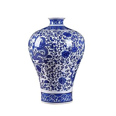 Imagem de AKALNNB Vasos para decoração Vaso de cerâmica vintage, ornamentos decorativos de artesanato doméstico, dragão emaranhado azul e branco, grande garrafa de ameixa 42 * 28 * 9 cm azul