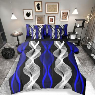 Imagem de Conjunto de cama listrado branco e azul, 7 peças, geométrico, estético, para crianças, adolescentes, meninas, linha ondulada, em uma bolsa para decoração de quarto de arte moderna, roupa de cama King