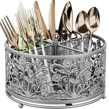 Imagem de Utensil Caddy YIUKEA de metal prateado giratório de 360 com 4 comparti