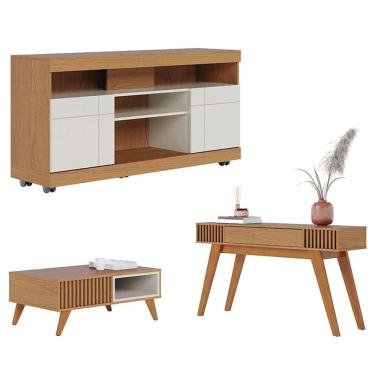 Imagem de Rack Bancada Yara com Mesa de Centro Jeri Freijó Off White e Aparador Riviera Freijó - Colibri