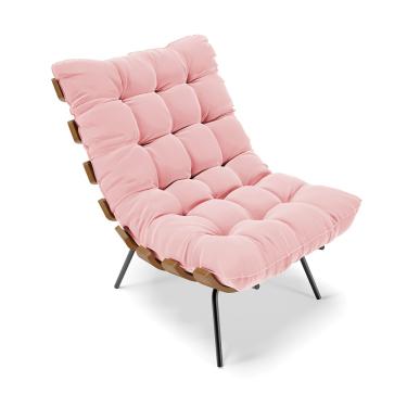 Imagem de Poltrona Costela Suede Rosa Bebê Base Metálica Preto - D'Rossi