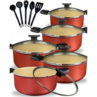 Imagem de Jogo Conjunto Panelas Caçarolas 10 peças Antiaderente Teflon Tampa de Vidro e Utensílios Nylon (Cereja Gold)