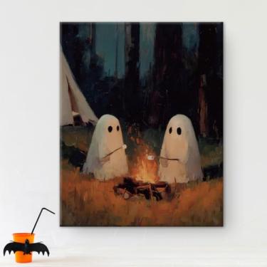 Imagem de Spooky Ghost Campfire Halloween Arte de parede Dark Academia Ghost Obra de arte vintage decoração de parede de Halloween para sala de estar quarto 20 x 25 cm