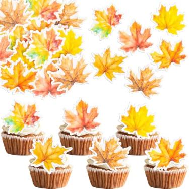 Imagem de Gyufise 54Pcs Edible Fall Leaves Cupcake Toppers Wafer Paper Autumn Maple Leaves Cake Decorations for Thanksgiving Baby Shower Wedding Birthday Party Supplies Orange