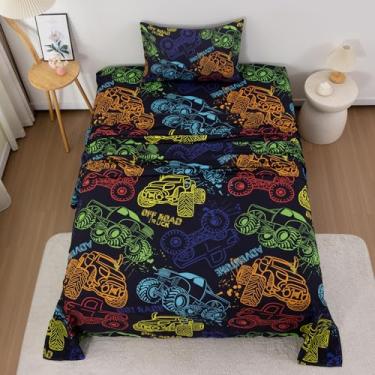 Imagem de URLINENS Jogo de lençol solteiro com 3 peças, carros desenhados à mão, aquarela, caminhão, microfibra macia, 1 lençol com elástico, 1 lençol de cima e 1 fronha