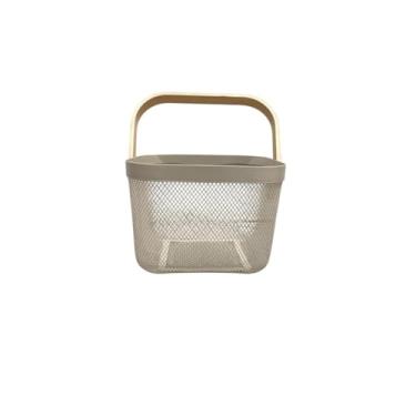 Imagem de Fruteira de Mesa em Metal Aramado com Alça de Madeira – Cesto Organizador Multiuso para Frutas, Pães e Decoração | Design Moderno e(Branco)